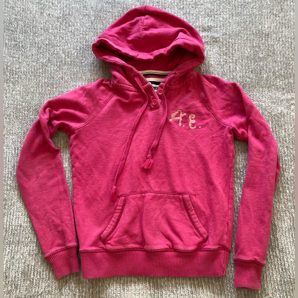 American Eagle Vintage 90s Hoodie Embroidered Y2K Size Small Hot Pink Sweatshirt